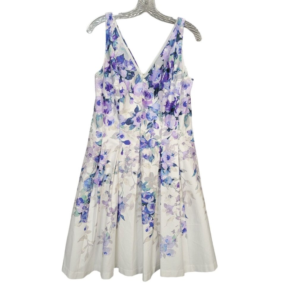LRL Ralph Lauren Size 10 Dress Floral Fit Flare Pleated Full Skirt Purple Blue - Picture 2 of 11